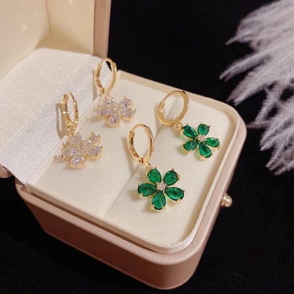 Light Luxury Earrings Green Flower Zircon Earrings - Oasis Bazar