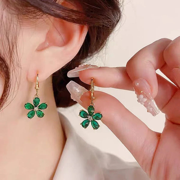 Light Luxury Earrings Green Flower Zircon Earrings - Oasis Bazar